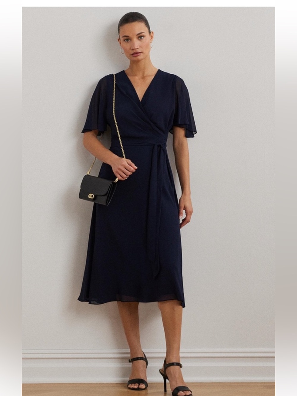 Lauren Ralph Lauren Belted Georgette Dress Navy Blue Size 10